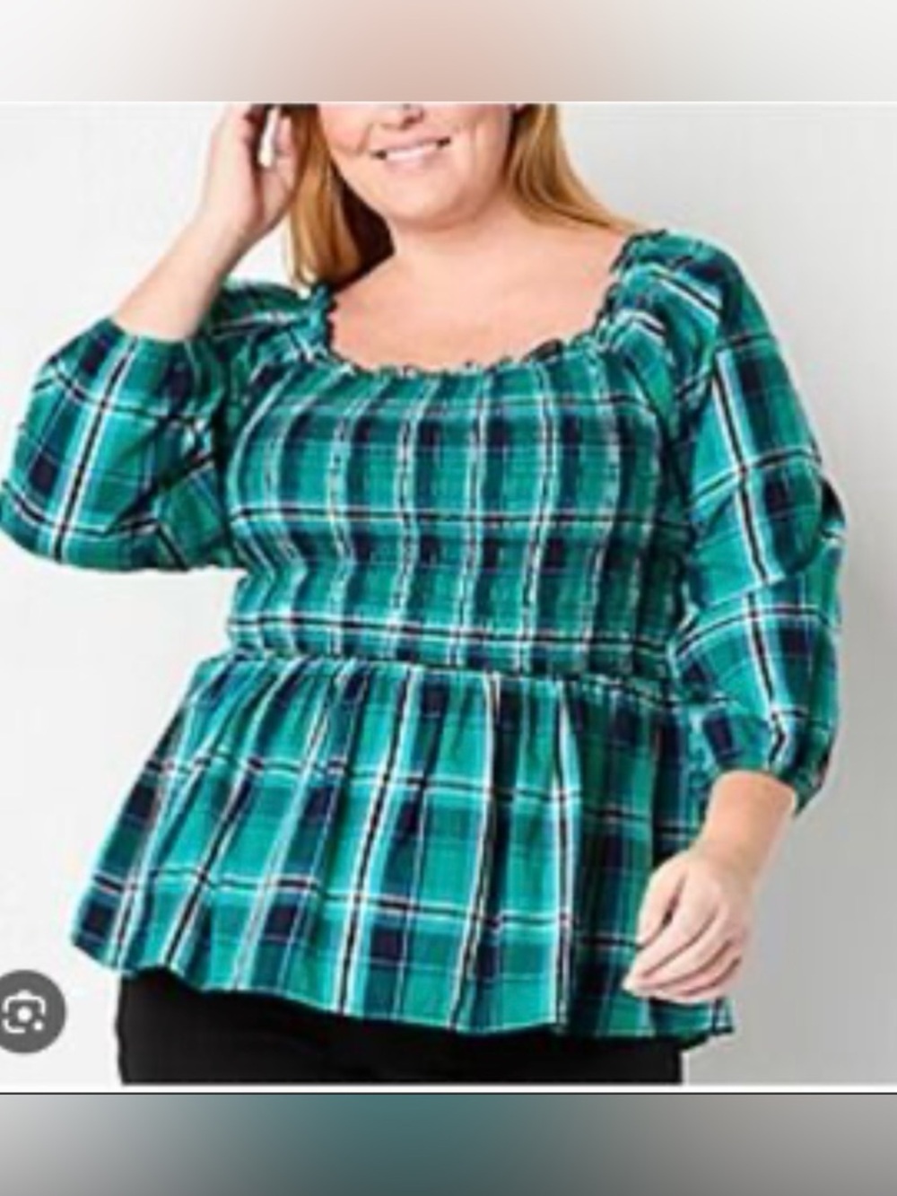 Women's St. John's Bay Blue Plaid Preppy Cottagecore Smocking Top Size 0X